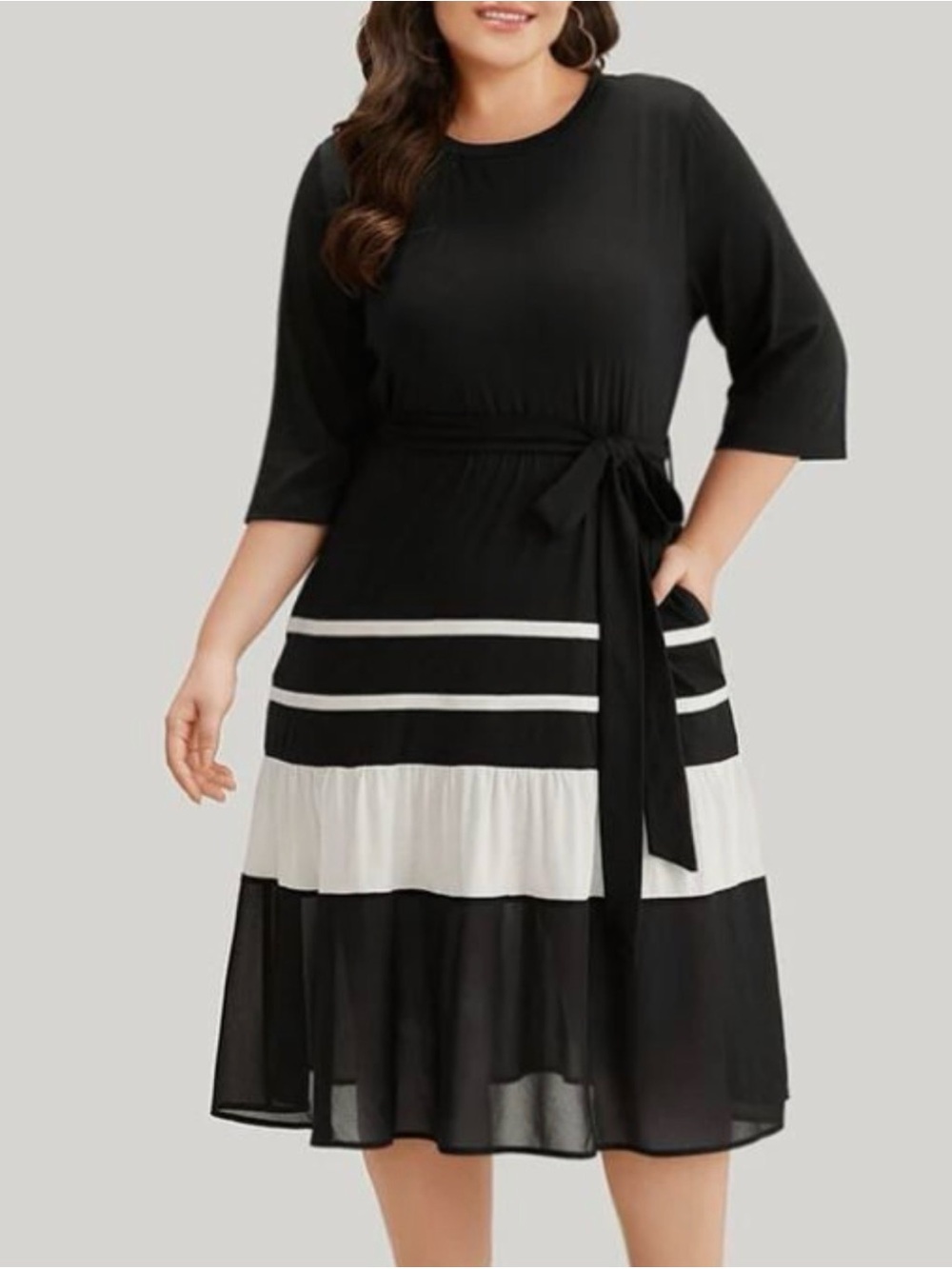 BloomChic Black and White Midi Dress with Tie Waist